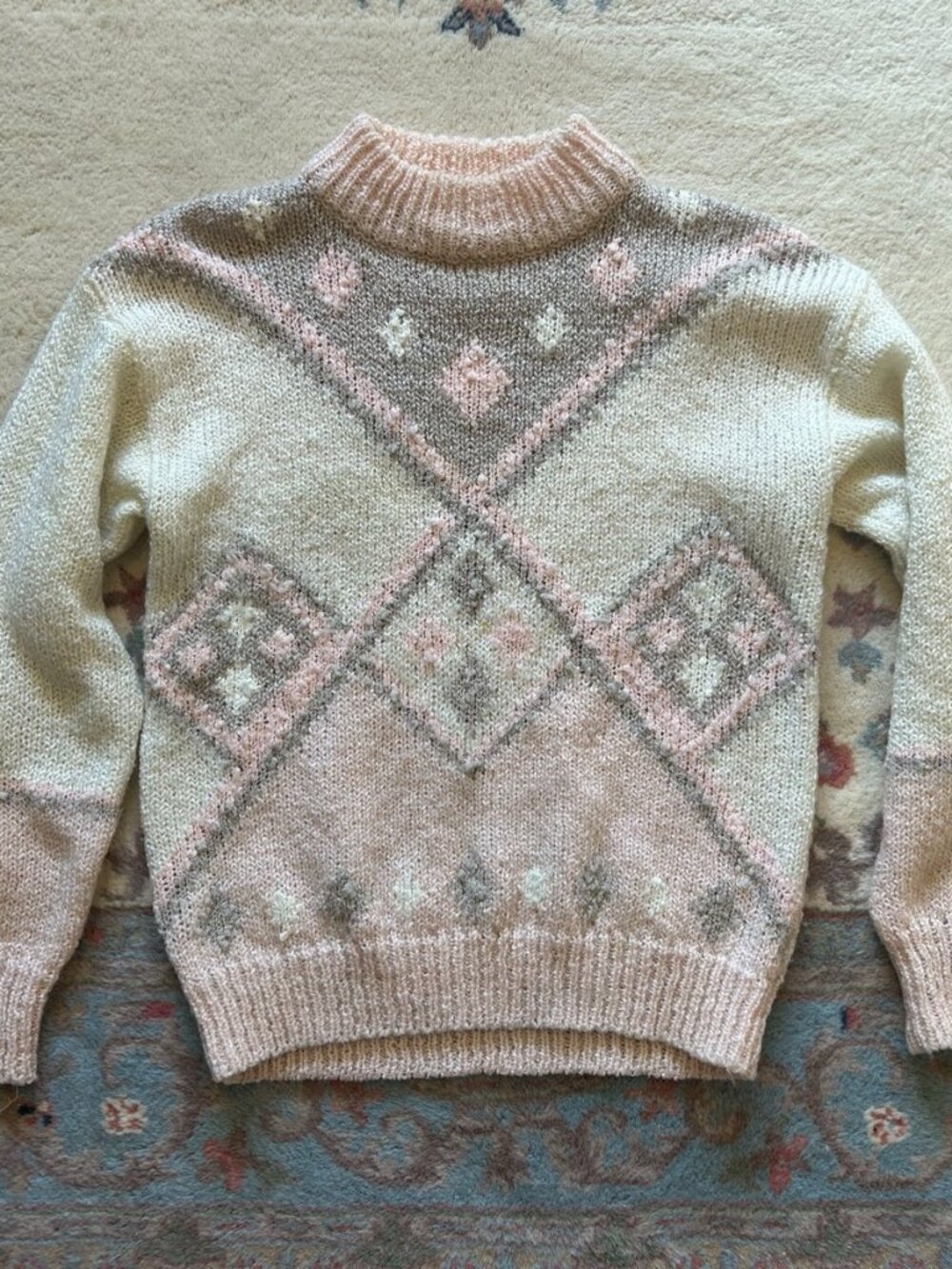 Vintage 80s DEB Pink Gray Cream Geometric Mock Neck Sweater Womens M